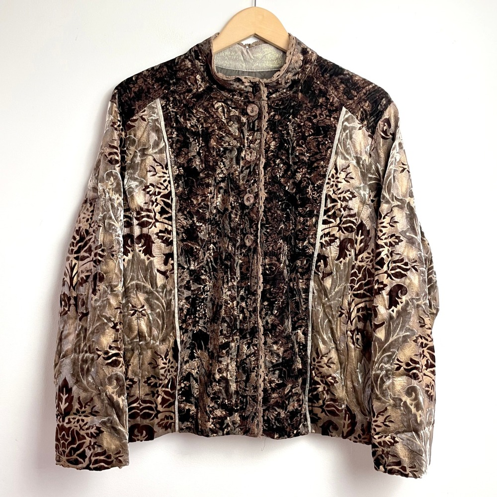 Vintage Chicos Velvet Burnout Whimsigoth Jacket Brown Sz 3 Large 90s Y2K Damask
